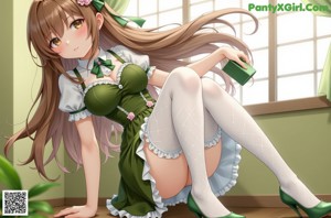 A woman in a green dress sitting on a bench.