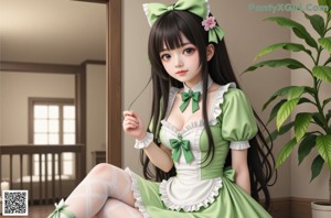 A girl in a green dress and white stockings posing for a picture.
