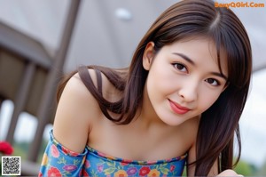 A woman in a blue floral shirt standing on the side of a road.