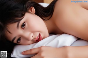 A naked woman sitting on top of a bed next to a window.