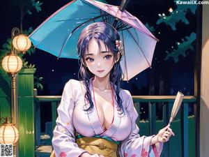 A woman in a pink kimono standing in front of lanterns.