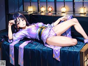 A woman in a purple kimono sitting on a suitcase.