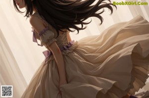 A woman in a white dress is walking through a field of flowers.