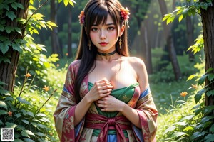 A naked woman in a kimono standing in the woods.
