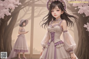 A woman in a white dress and a purple hat.