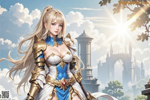 A woman in armor holding a sword in front of a city.