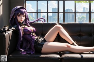 A woman with purple hair wearing a black lingerie and a crown.