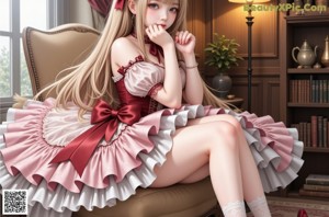 a woman in a white and red dress sitting on a couch