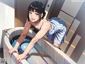 A woman in a red latex outfit standing in a kitchen.