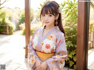A woman in a blue kimono sitting on a bed.