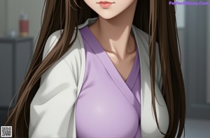 Anime girl with white hair and blue eyes is sitting on a bed.