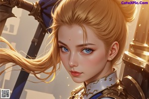 A woman in armor holding a sword in a room.