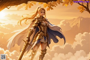 A woman in armor standing in front of a tree.