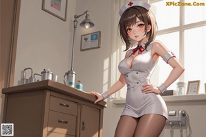 A woman in a white nurse outfit posing for a picture.