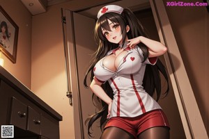 A woman in a nurse uniform is walking down a hallway.