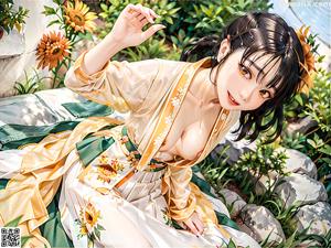 A woman in a pink kimono sitting on a rock by a pond.