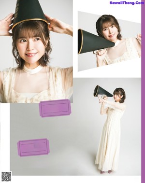 A woman holding a black bucket and a black box.