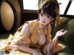 A woman in a kimono sitting on a bed.