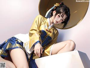 A woman in a kimono sitting on a bed.