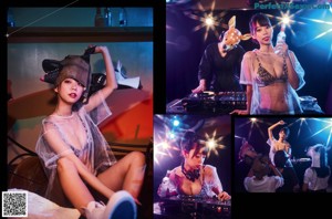 A woman in a leopard print top and denim shorts playing a dj set.