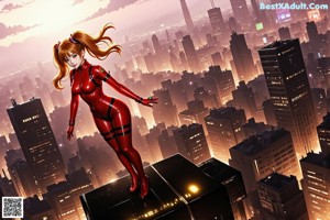 A woman in a red latex outfit standing in the middle of a city.