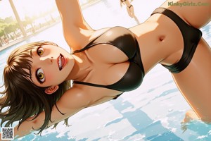 A woman in a bathing suit sitting next to a swimming pool.