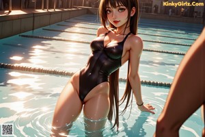 A woman in a black bathing suit sitting in a pool.