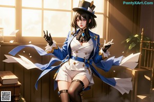 A woman in a blue and white outfit posing for a picture.