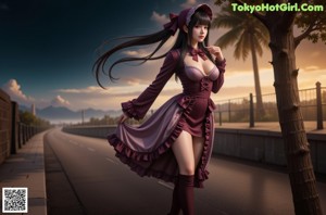 A woman with long black hair wearing a dress and hat.