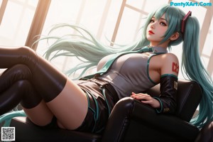 A girl with long green hair wearing headphones.