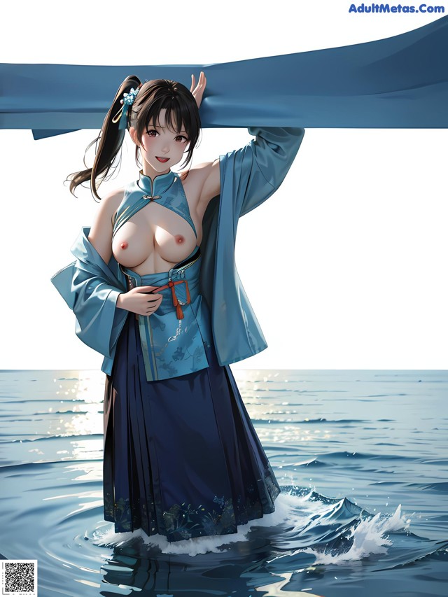 A woman in a blue kimono standing in the water.