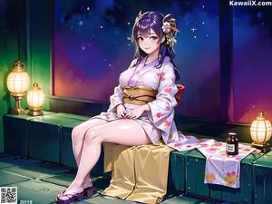 A woman in a kimono sitting on a bed.