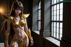 A woman in a golden outfit sitting on a couch.