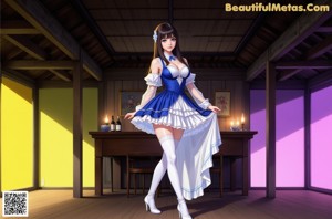 A woman in a blue and white dress sitting on a wooden floor.