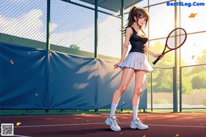 A woman in a white bikini holding a tennis racket.