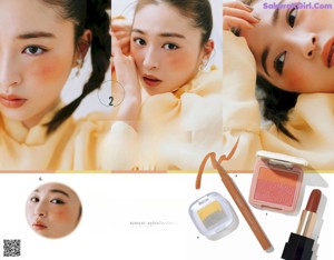 A magazine page with a picture of a woman with a pink lipstick.