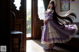 A woman in a long dress standing in front of a window.