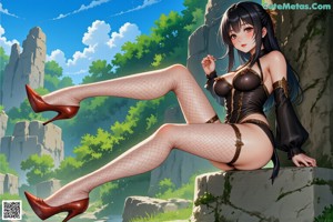 A woman in lingerie and stockings posing in front of a window.