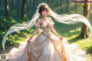 A woman in a white dress standing in a forest.