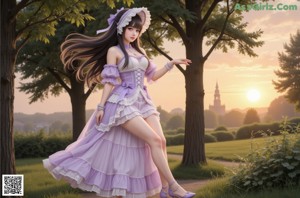 A woman in a dress and hat walking through a field of flowers.